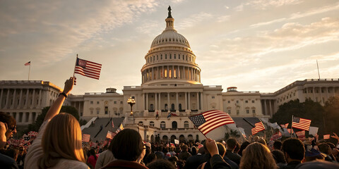 Celebratory rally at the u.S. Capitol national event political gathering evening atmosphere crowd perspective patriotism highlight