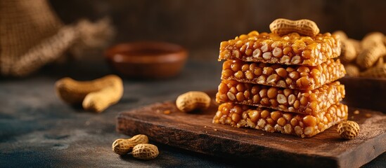 Colorful chikki stacked on a wooden board with roasted peanuts scattered around, warm brown tones, festive atmosphere, perfect for celebrations.