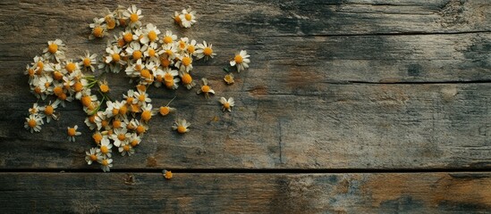 Obraz premium Chamomile blossoms scattered on rustic wooden surface showcasing white and yellow petals enhancing natural skincare and wellness themes.