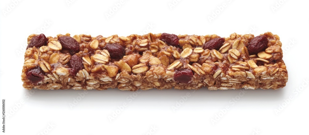 Poster healthy granola bar with nuts and berries placed horizontally on a white surface showcasing a nutrit