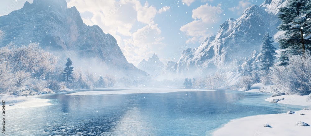Poster winter landscape featuring a frozen lake centered in the scene surrounded by snow-covered mountains 