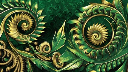 Golden Green Spiral Leaf Art Design, Abstract Nature Luxury Background