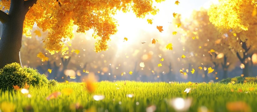 Vibrant landscape featuring golden yellow trees in foreground with soft green grass and warm sunlight creating a dreamy autumn atmosphere.