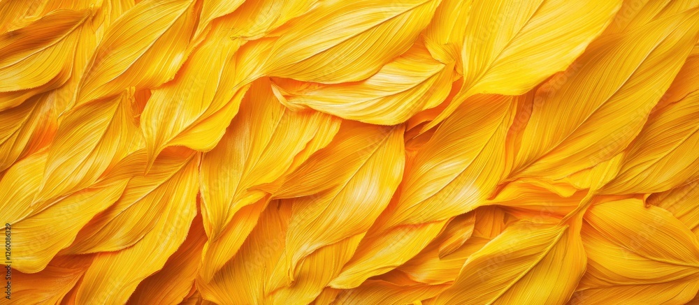 Poster Golden yellow leaf texture with soft curves against a blurred bright background showcasing vivid autumn colors in a warm, inviting composition.