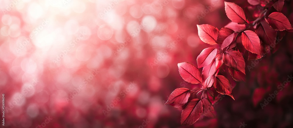 Poster autumn scene showcasing vibrant red leaves positioned on the left with a soft blurred forest backgro
