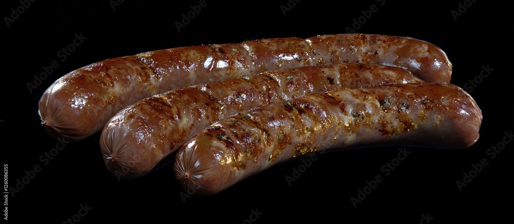 Poster sliced and seasoned bratwurst placed on a black background showcasing the glossy brown texture and s