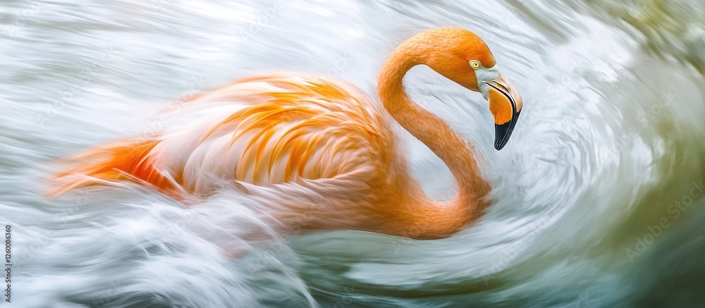 Leinwandbilder abstract swirling waves in soft greens and whites highlight a vibrant yellow flamingo positioned cen