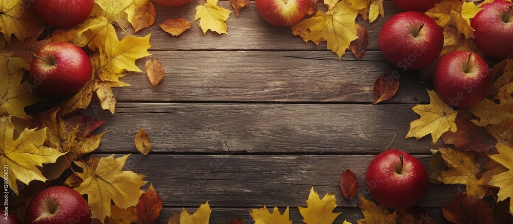 Aufkleber vibrant red apples surrounded by golden autumn leaves on a rustic wooden background creating a warm 