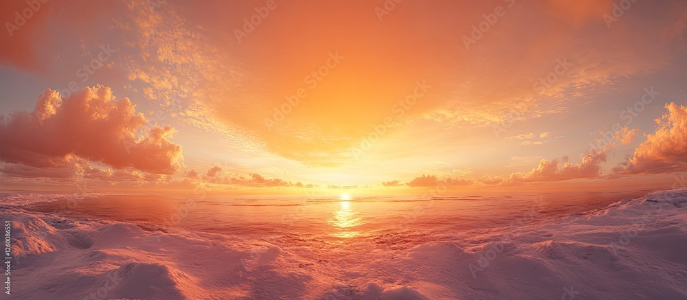 Aufkleber vibrant orange sunset over serene beach with soft clouds in the foreground, wide angle view creating
