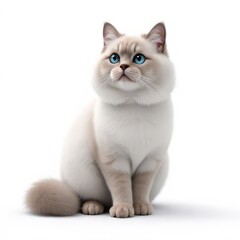 Fototapeta premium Blue-Eyed Fluffy Cat Sitting Against a Soft White Background
