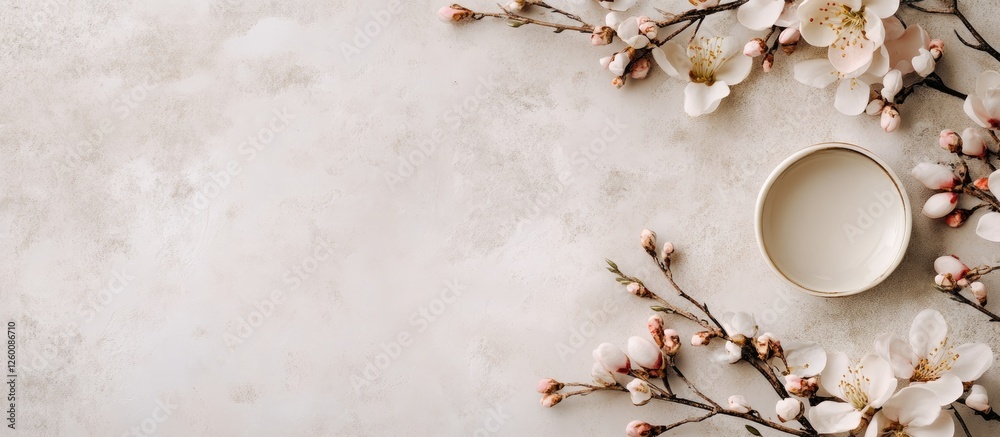 Poster soft beige background with floral branches in pink and white on the left, and a circular empty space