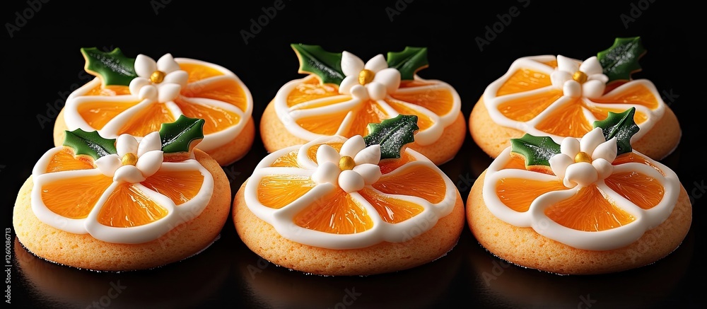 Poster decorative orange-flavored cookies with white cream frosting and holly accents arranged in a circle 