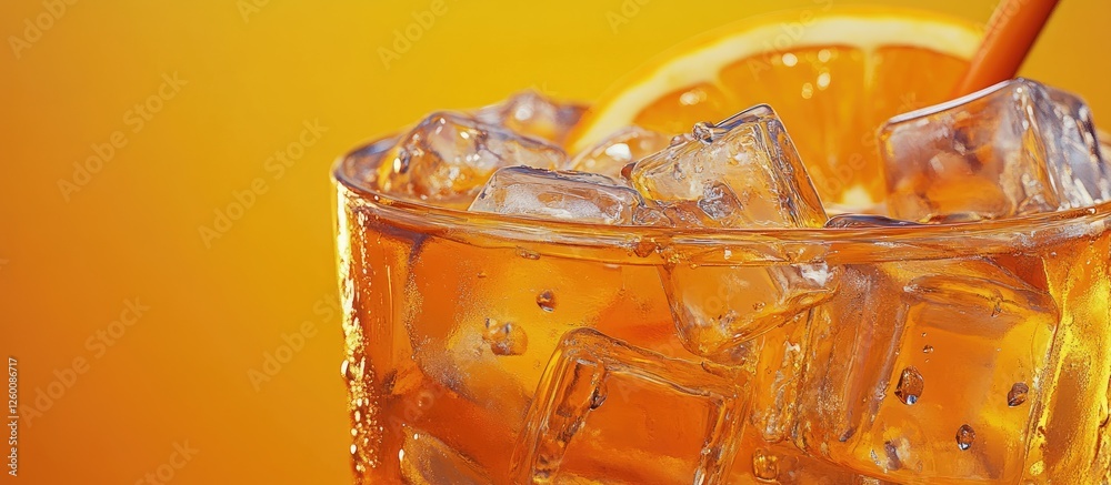 Aufkleber refreshing chilled orange juice in a clear glass with ice cubes reflecting light against a vibrant o