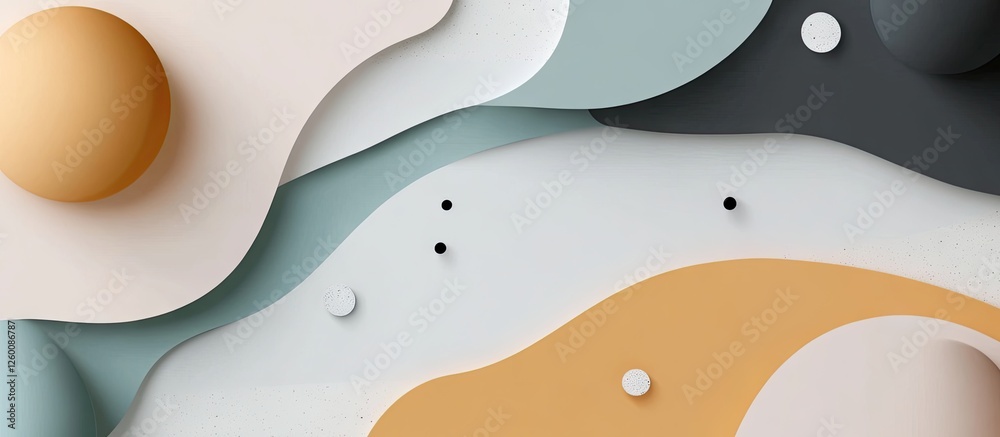 Poster abstract background with fluid shapes in pastel colors including mint green, tan, and black with 3d 