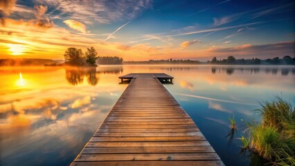 Obraz premium Wooden pier over calm lake at sunrise, warm tones, dawn light, warm tones, dawn light, calm, calming view