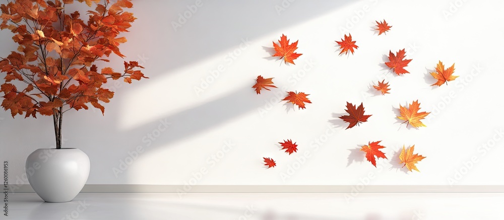 Fototapete autumn maple leaves in vibrant orange and red hues falling against a clean white background with sof