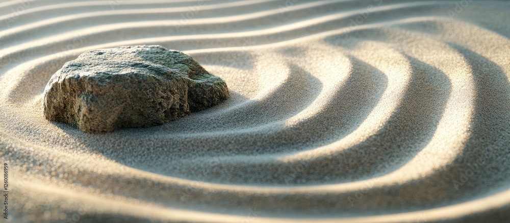 Poster zen garden sand pattern with soft undulating lines and a smooth stone centerpiece, showcasing warm b