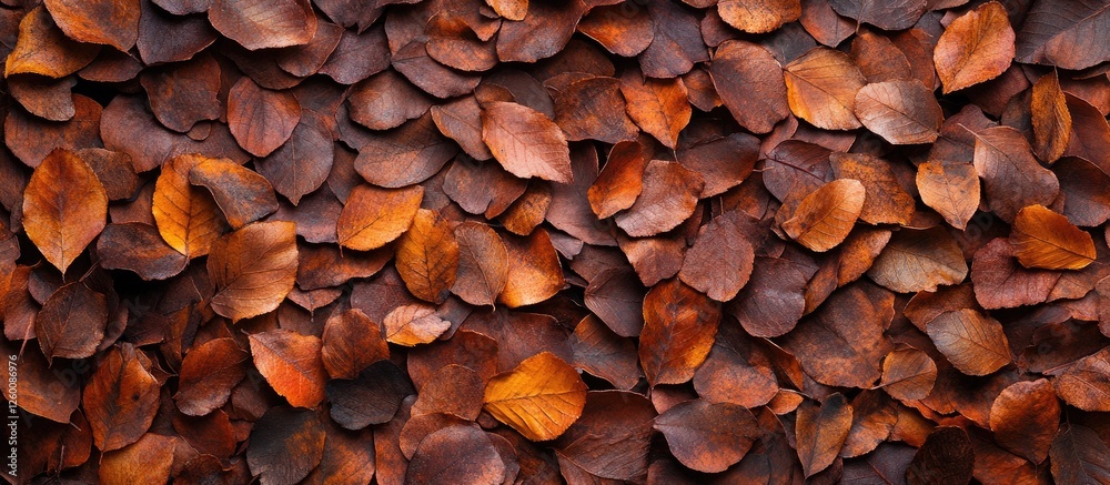 Poster vibrant autumn leaves in rich shades of orange and brown arranged closely together in a flat lay com