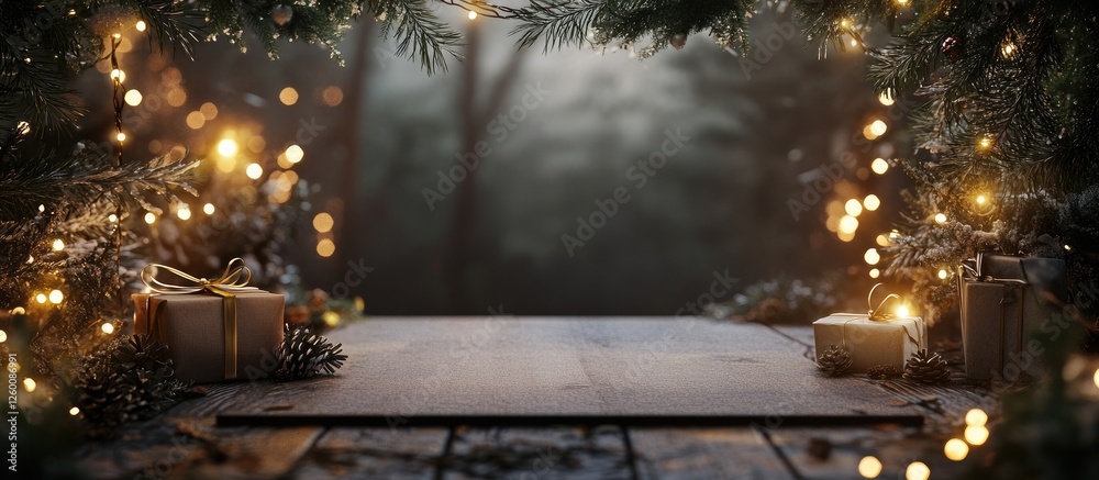 Aufkleber rustic wooden table with defocused warm lights and fir branches creating a cozy christmas atmosphere