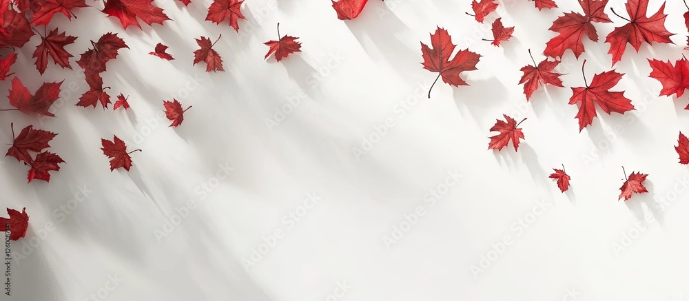 Aufkleber red autumn maple leaves scattered across a soft white background, with elongated shadows creating de