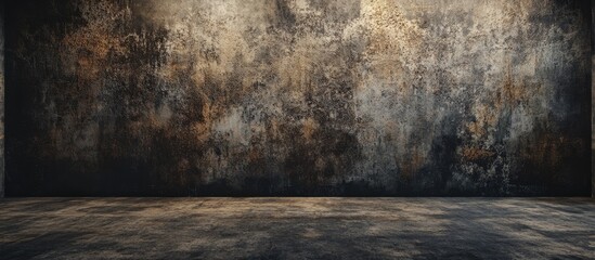 Textured brown and gray gallery wall with a blank horizontal frame against a weathered surface and dimly lit floor in an art exhibition setting.
