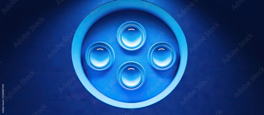 Leinwandbilder Circular arrangement of four luminous lights in shades of blue on a deep blue backdrop, creating a mesmerizing visual effect with vibrant hues.