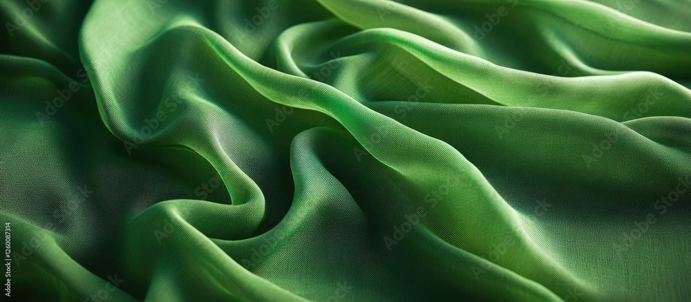 Poster elegant green silk fabric with soft folds and subtle sheen, showcasing rich texture and fluidity on 