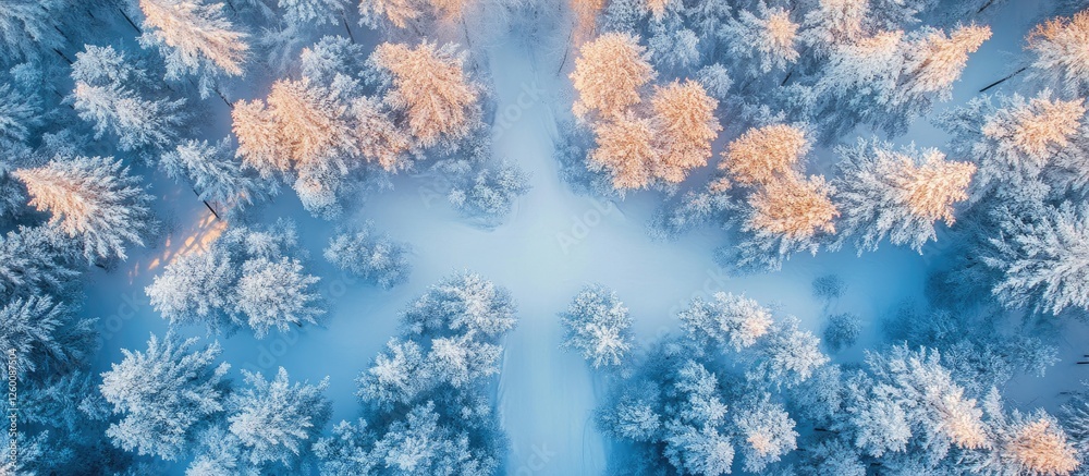Poster aerial view of a serene winter landscape featuring snowy trees with frosty tips in soft shades of bl