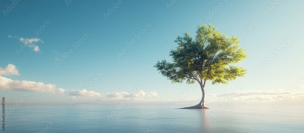 Fototapete serene solitary tree with lush green leaves in the center of a tranquil field under a clear blue sky