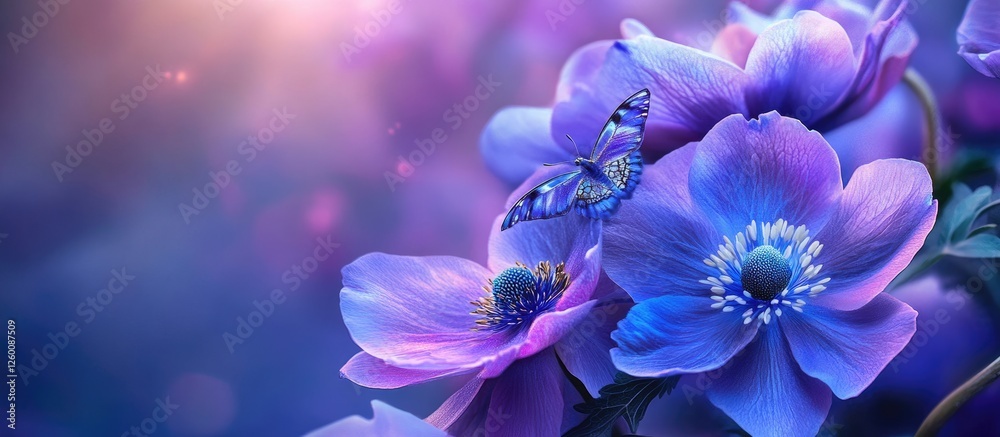 Leinwandbilder Vibrant macro shot of delicate purple blue butterfly resting on lush anemone flowers with soft bokeh background and hints of spring light.