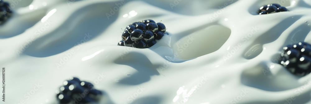 Poster discovering the smooth texture of cashew milk with fresh blackberries floating above