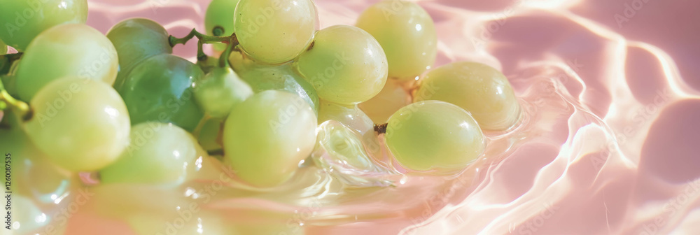 Poster Cashew milk with halved grapes creating textured ripples in a soft background