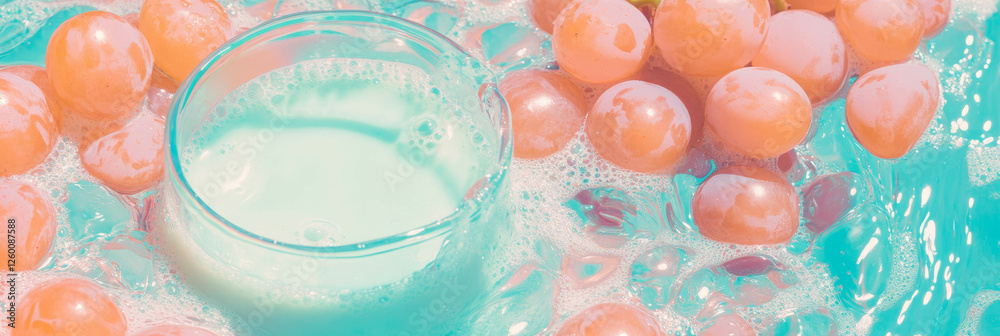 Leinwandbilder cashew milk surrounded by halved grapes creating ripples in a refreshing display