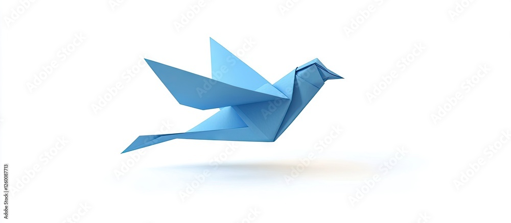 Poster blue origami dove in flight positioned slightly right against a clean white background highlighting 