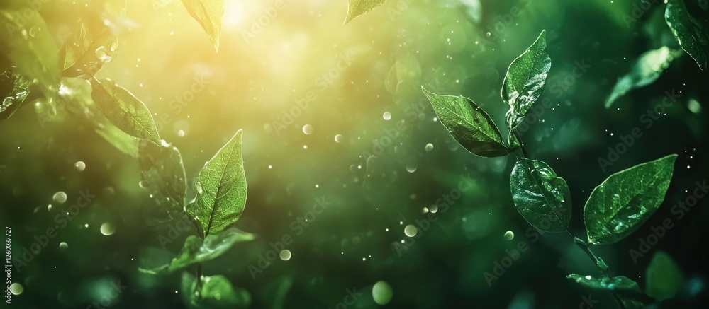 Poster abstract blurred nature background with vibrant green bokeh and soft light flares, featuring fresh g