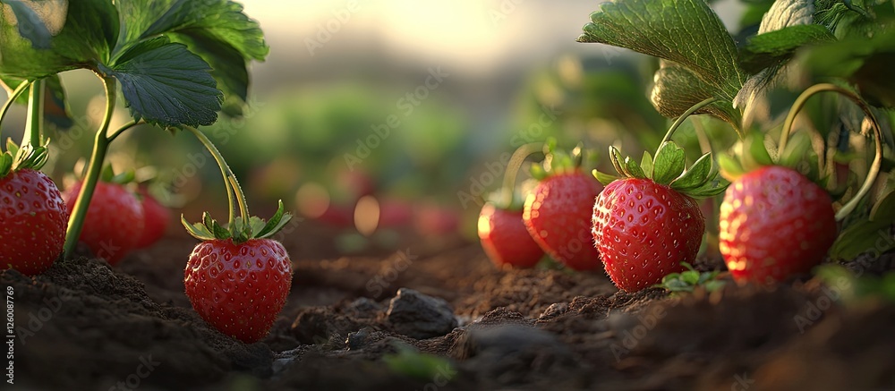 Poster vivid red strawberries nestled in rich soil with green leafy plants in the background capturing the 
