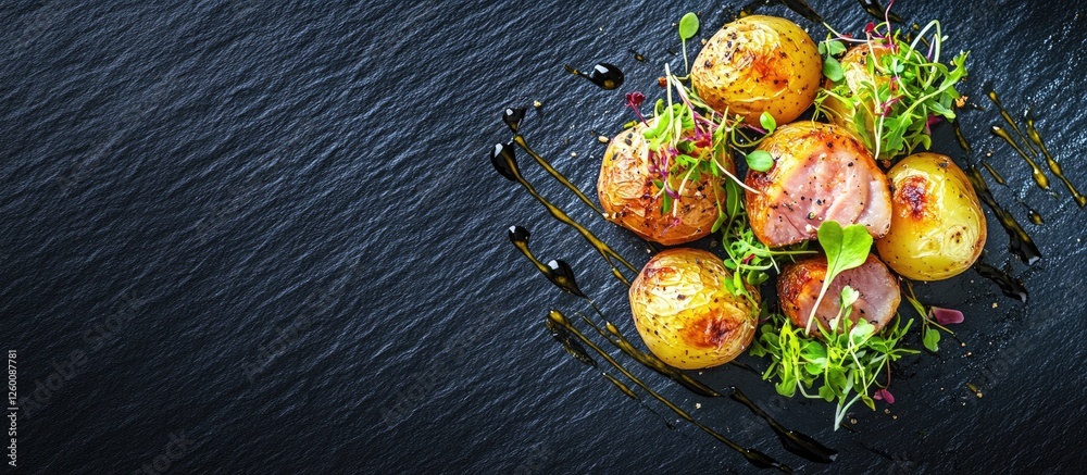 Poster baked small potatoes with garlic and smoked ham topped with green microgreens and lettuce on a dark 