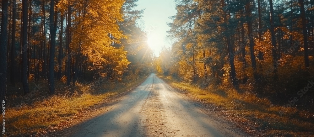 Poster autumn forest path lined with vibrant yellow trees under a bright sun casting warm light on the road