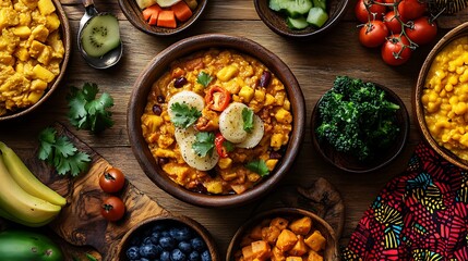 A Nigerian breakfast spread featuring Ogi in an earthenware bowl, surrounded by akara, moin moin, and fresh fruits, placed on a rustic wooden table with vibrant African-patterned textiles,