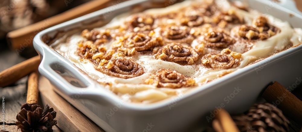Poster cinnamon rolls with creamy frosting in a white baking dish on a rustic wooden table adorned with cin