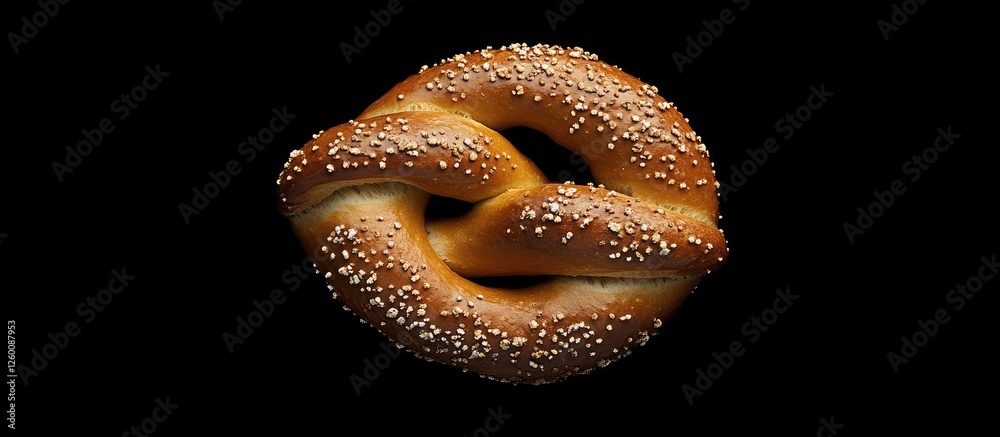 Poster aerial view of a soft pretzel sprinkled with sesame seeds against a contrasting dark background, sho