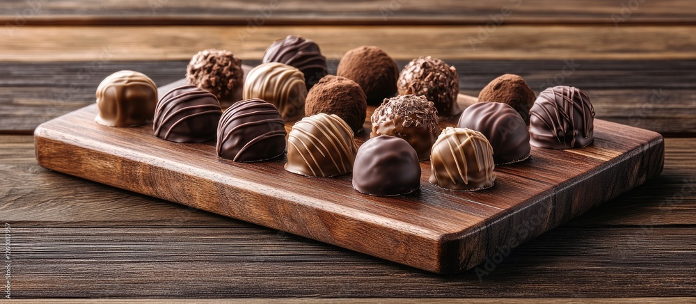 Poster delicious assorted chocolates in various shapes and coatings arranged on a wooden cutting board agai