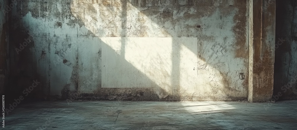 Poster abandoned interior space with cracked walls and sunlight streaming in through a window casting elong