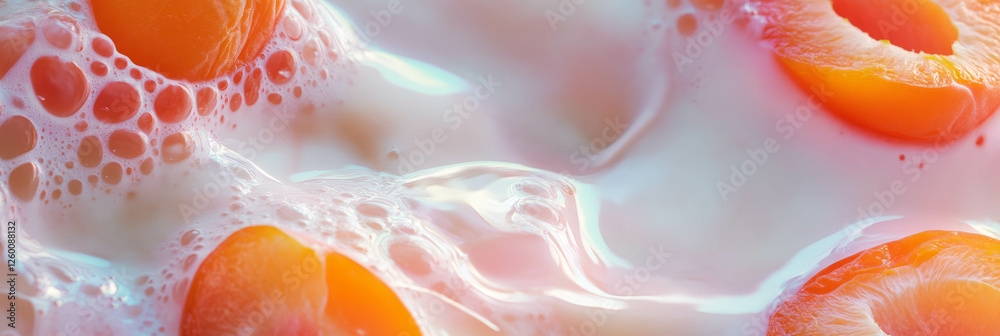 Poster Coconut milk and apricot halves creating gentle ripples for a calming background design
