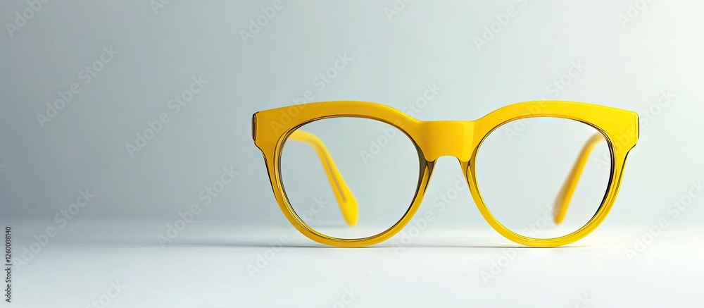 Aufkleber Minimalist yellow eyewear frame with clear optical lenses centered on a light gray background featuring modern design elements for optical advertising