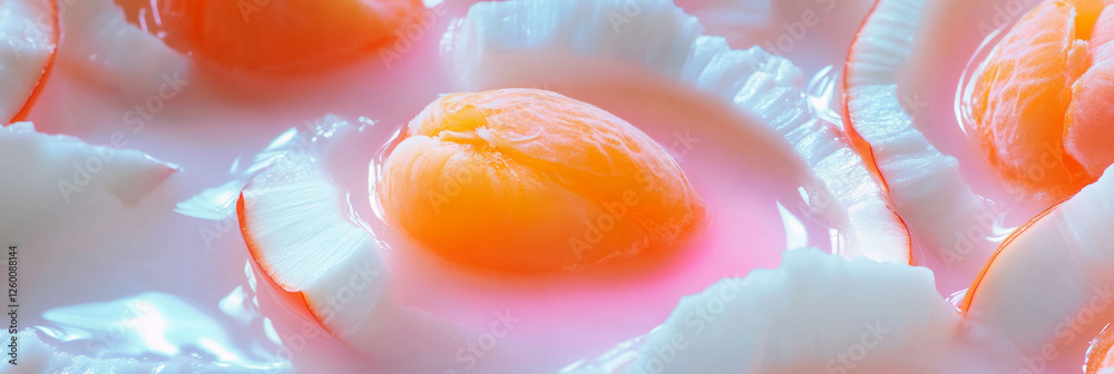 Poster coconut milk and apricot halves creating ripples for a refreshing banner background