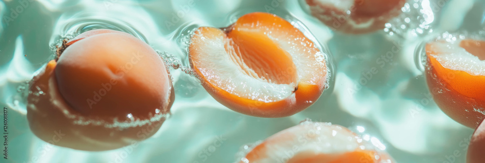 Poster coconut milk and apricot halves create soft ripples in tranquil liquid backdrop