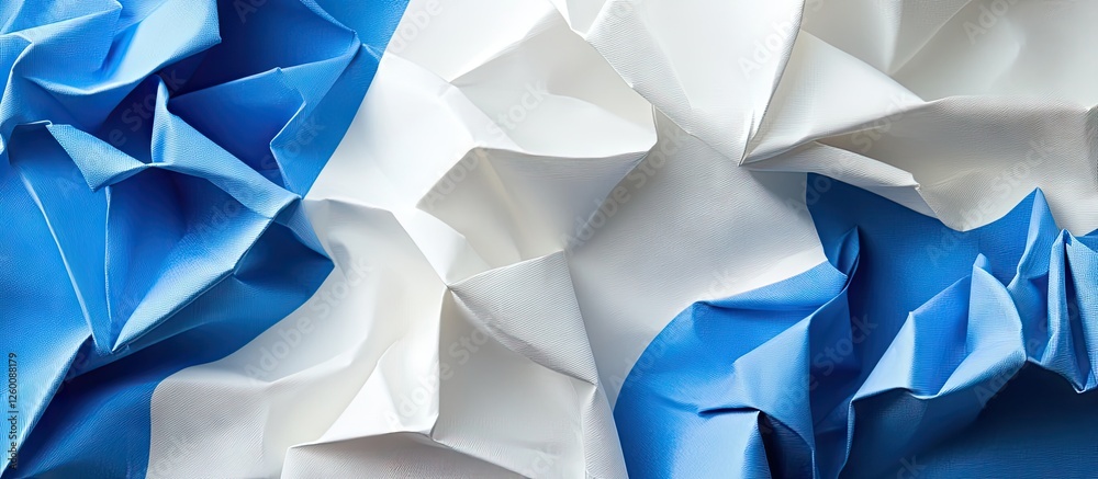 Poster textured blue and white crumpled origami paper background with rich folds and shadows creating an ab