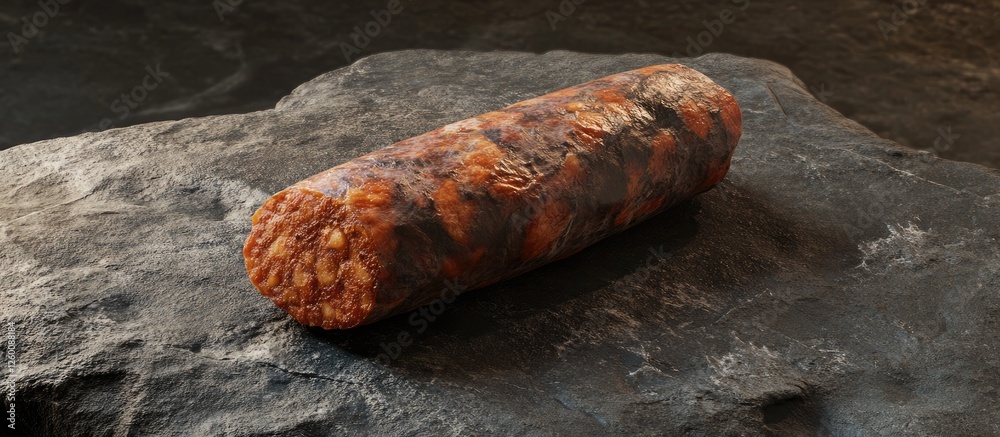 Poster rustic chorizo sausage on a dark stone surface with earthy tones of red and orange showcasing a text