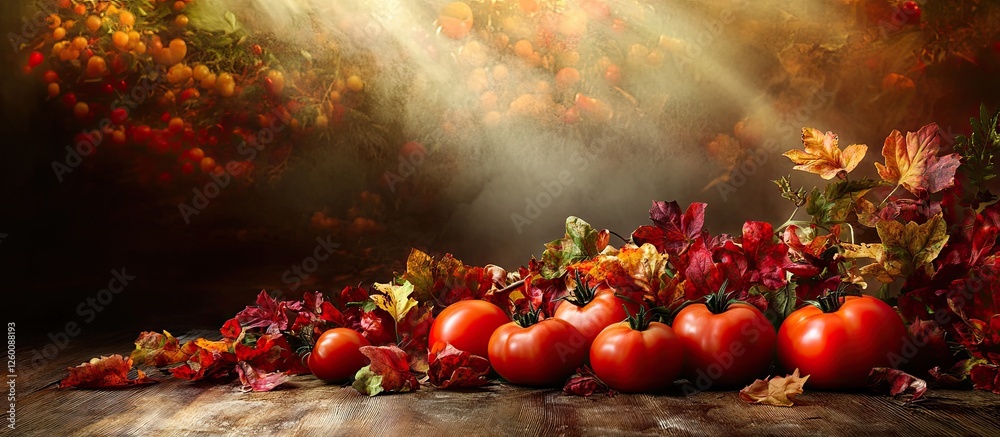 Poster vibrant autumn scene highlighting ripe red tomatoes surrounded by colorful autumn leaves and soft li